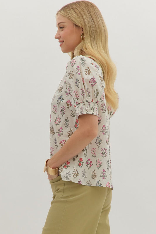 Contrast Trim Floral Puff Sleeve Blouse