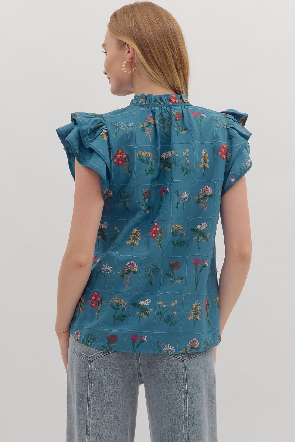Blue Floral Print Tiered Flutter Sleeve Blouse