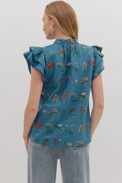 Blue Floral Print Tiered Flutter Sleeve Blouse