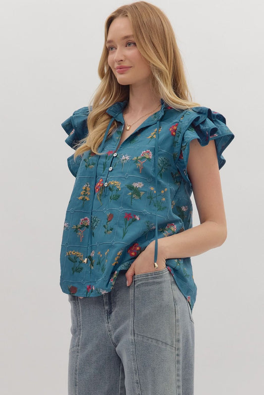 Blue Floral Print Tiered Flutter Sleeve Blouse