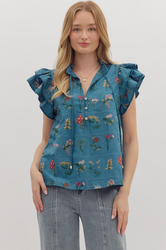 Blue Floral Print Tiered Flutter Sleeve Blouse