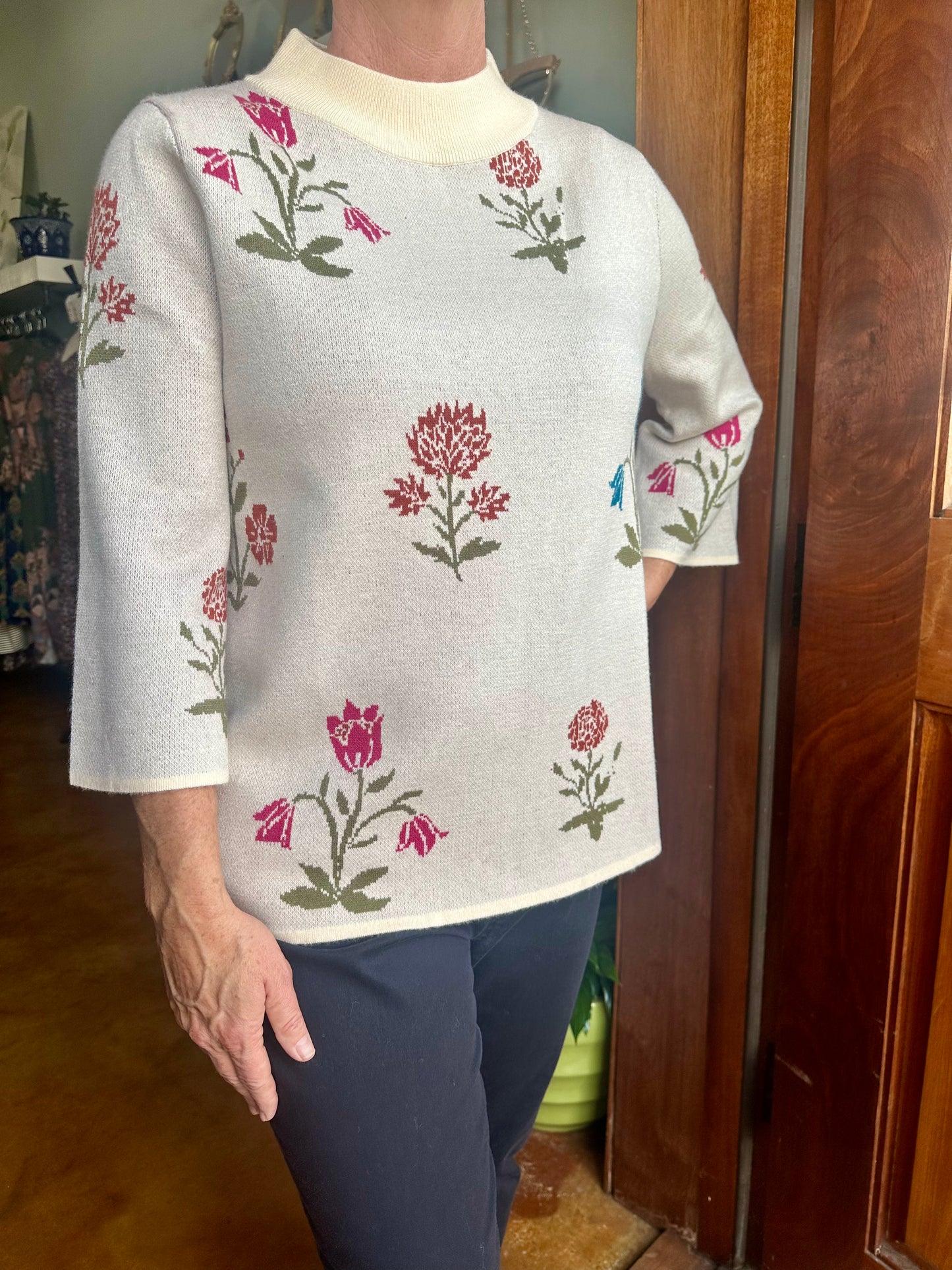 Floral Knit Sweater Top with Wide Sleeves