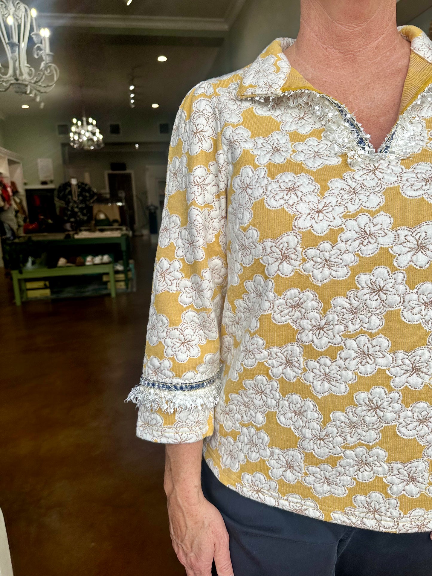 Tweed Trim Floral Knit Top