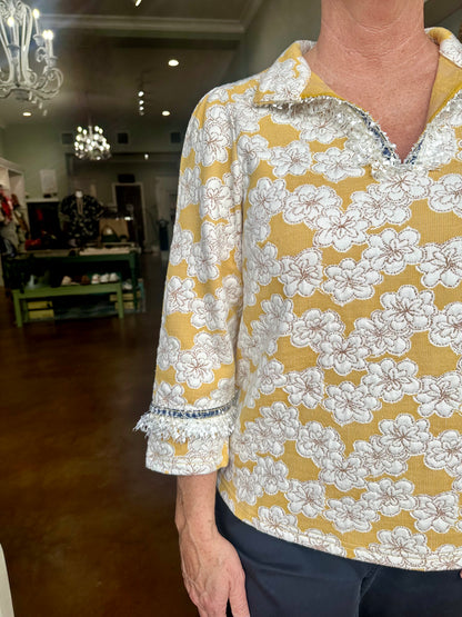 Tweed Trim Floral Knit Top