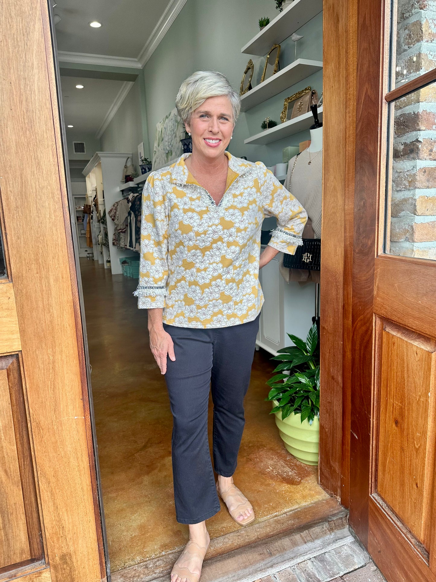 Tweed Trim Floral Knit Top