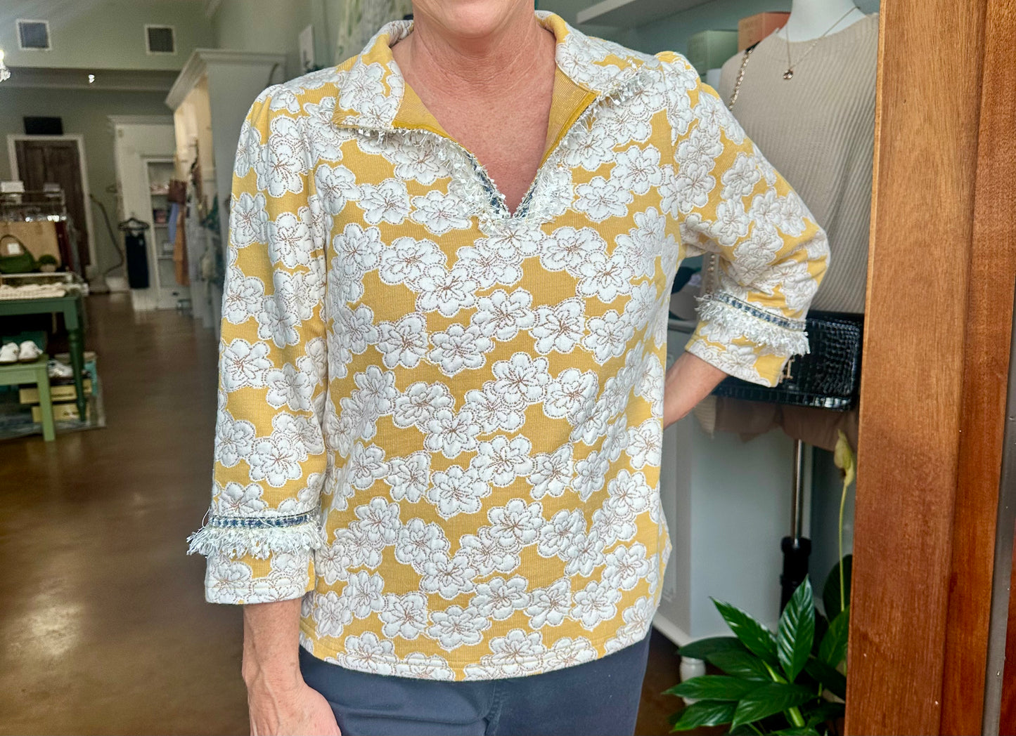 Tweed Trim Floral Knit Top